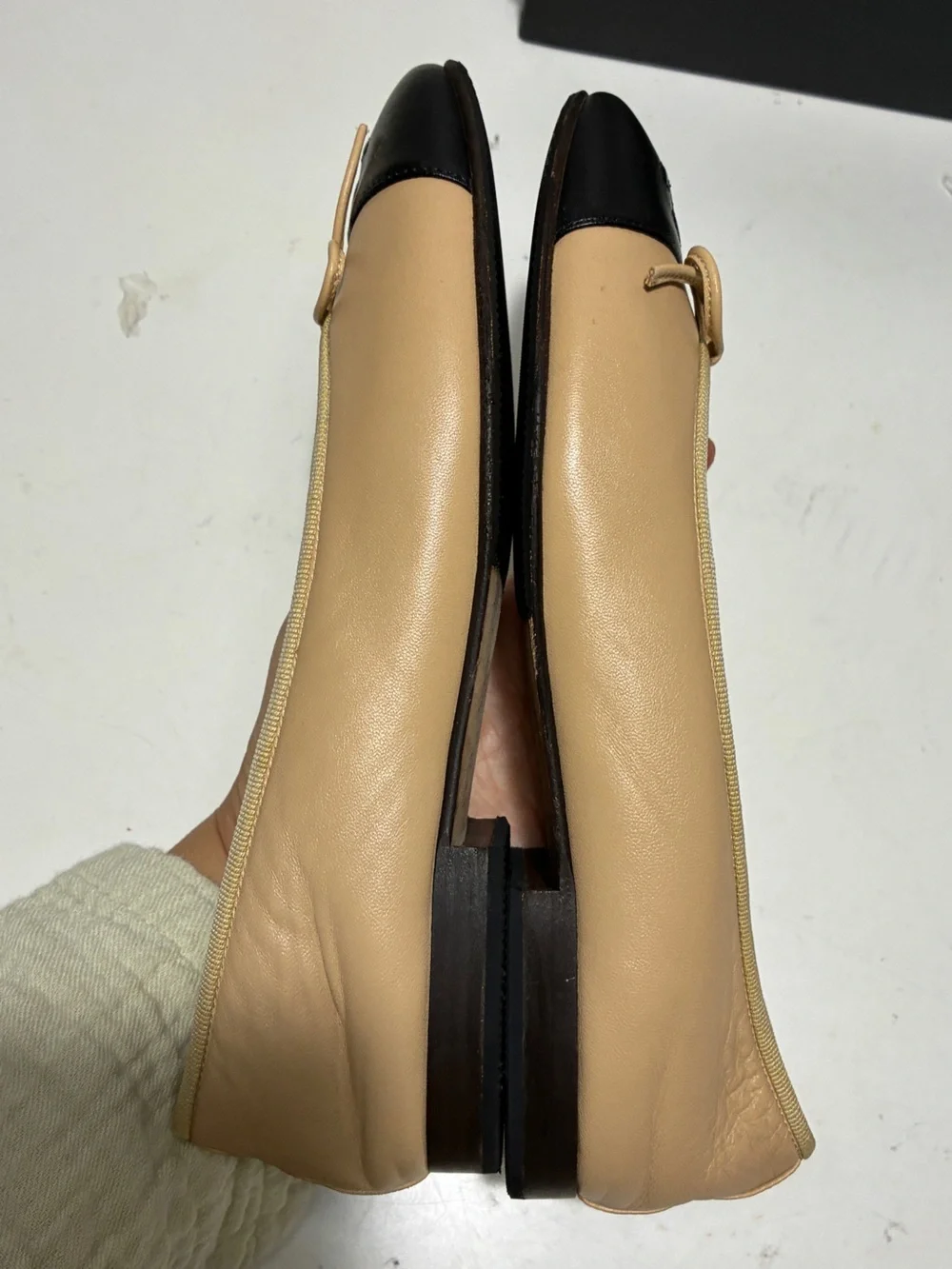 CHANEL Two-Tone Beige and Black Cap-Toe Ballet Flats